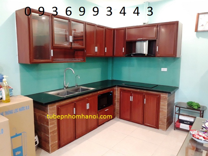 mẫu tủ bếp nhôm vân gỗ xây bệ bếp chữ L mẫu tủ bếp nhôm vân gỗ xây bệ bếp chữ L