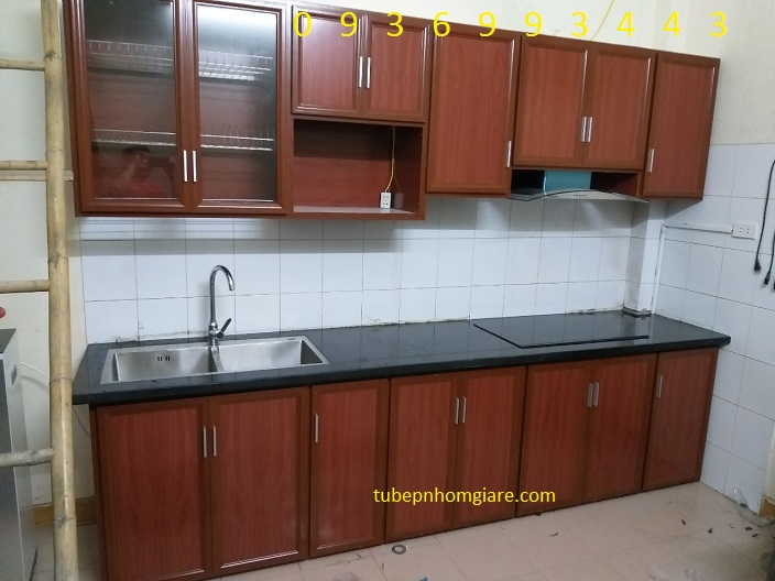 thi công tủ bếp nhôm vân gỗ chữ I thi công tủ bếp nhôm vân gỗ chữ I