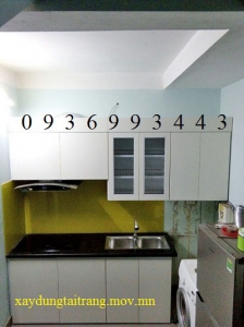 tủ bếp nhôm cánh gỗ nhựa chữ I