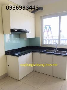 thiết kế tủ bếp nhôm cánh gỗ nhựa