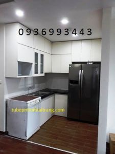 mẫu tủ bếp nhôm cánh gỗ nhựa chữ L