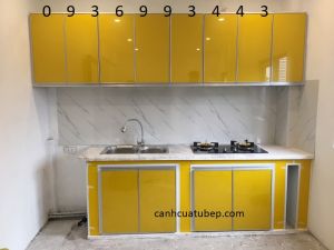 mẫu tủ bếp nhôm cánh hệ Zang Lee xây bệ bếp
