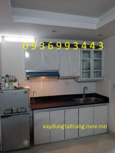 tủ bếp nhôm cánh hệ Zang Lee mặt PVC vân đá
