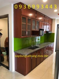 thiết kế tủ bếp nhôm vân gỗ chữ I