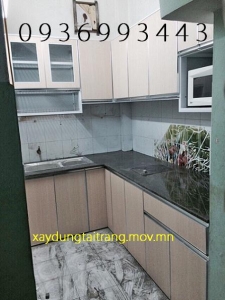tủ bếp nhôm cánh Laminate chữ L