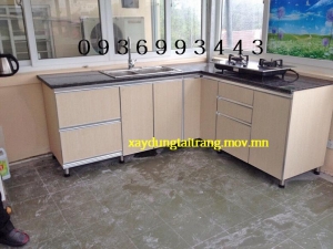 thi công tủ bếp nhôm cánh Laminate chữ L đẹp