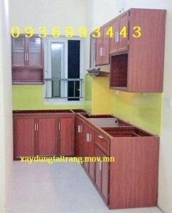 tủ bếp nhôm vân gỗ chữ L